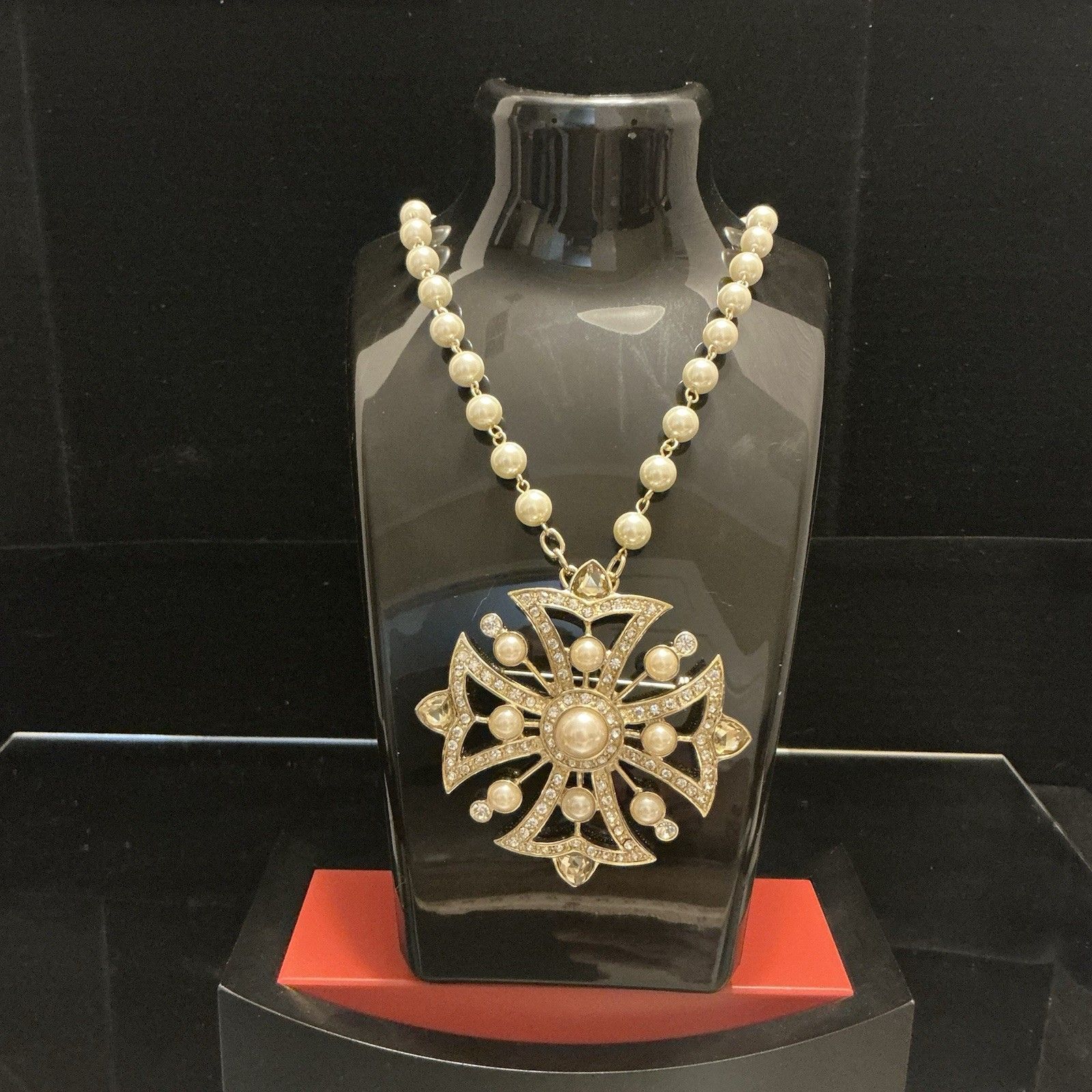 Rare Vtg Arnold Scaasi Rhinestone/Pearl Necklace Maltese Cross With Broach
